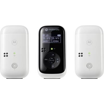 A set of three Motorola home devices, with the central one displaying Wi-Fi connectivity and room temperatures for 'Amy' at 21°C and 'Josh' at 18°C.