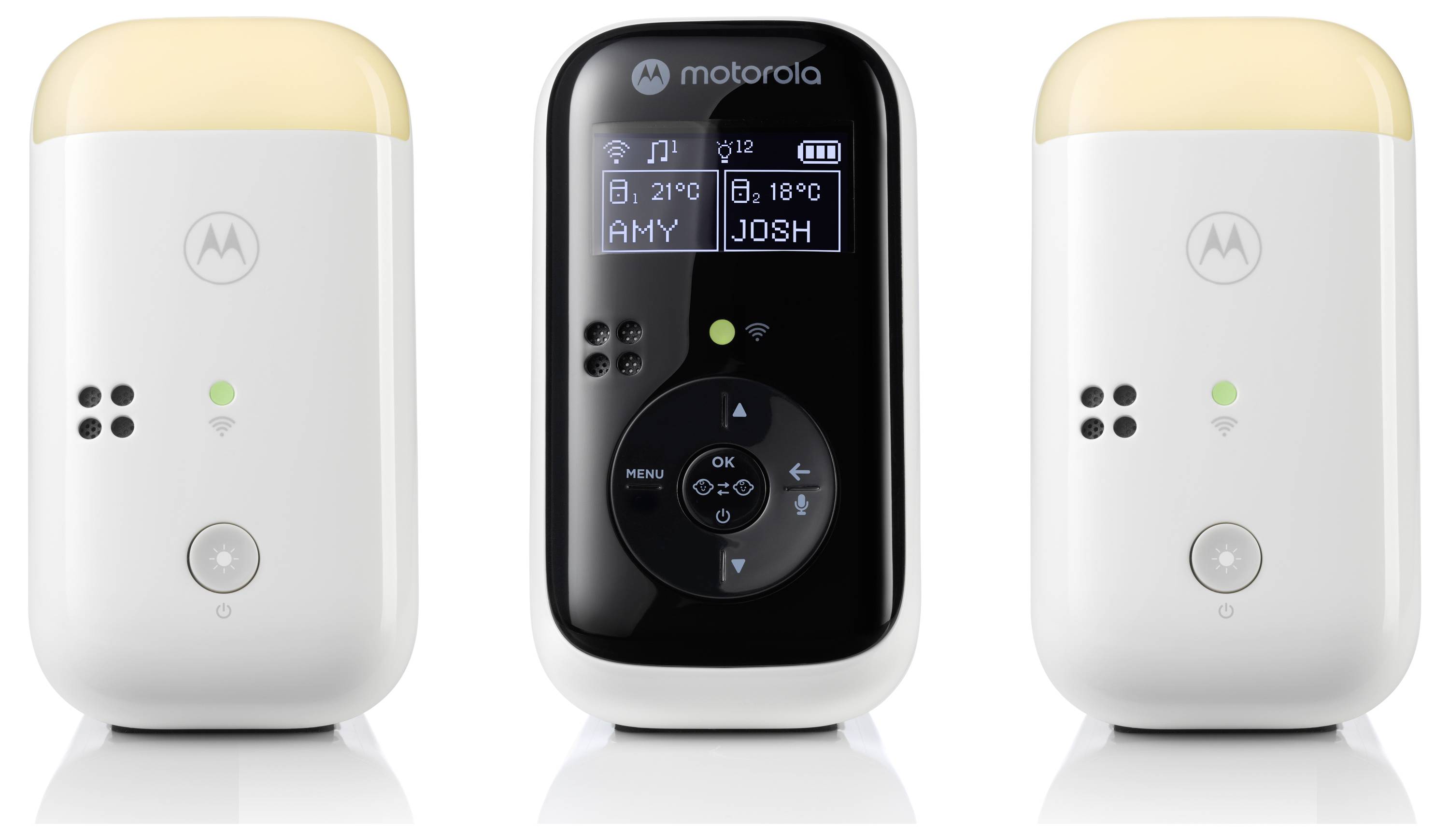 Three white and black smart home devices; the center device shows a screen displaying temperatures for 'AMY' at 21°C and 'JOSH' at 18°C.