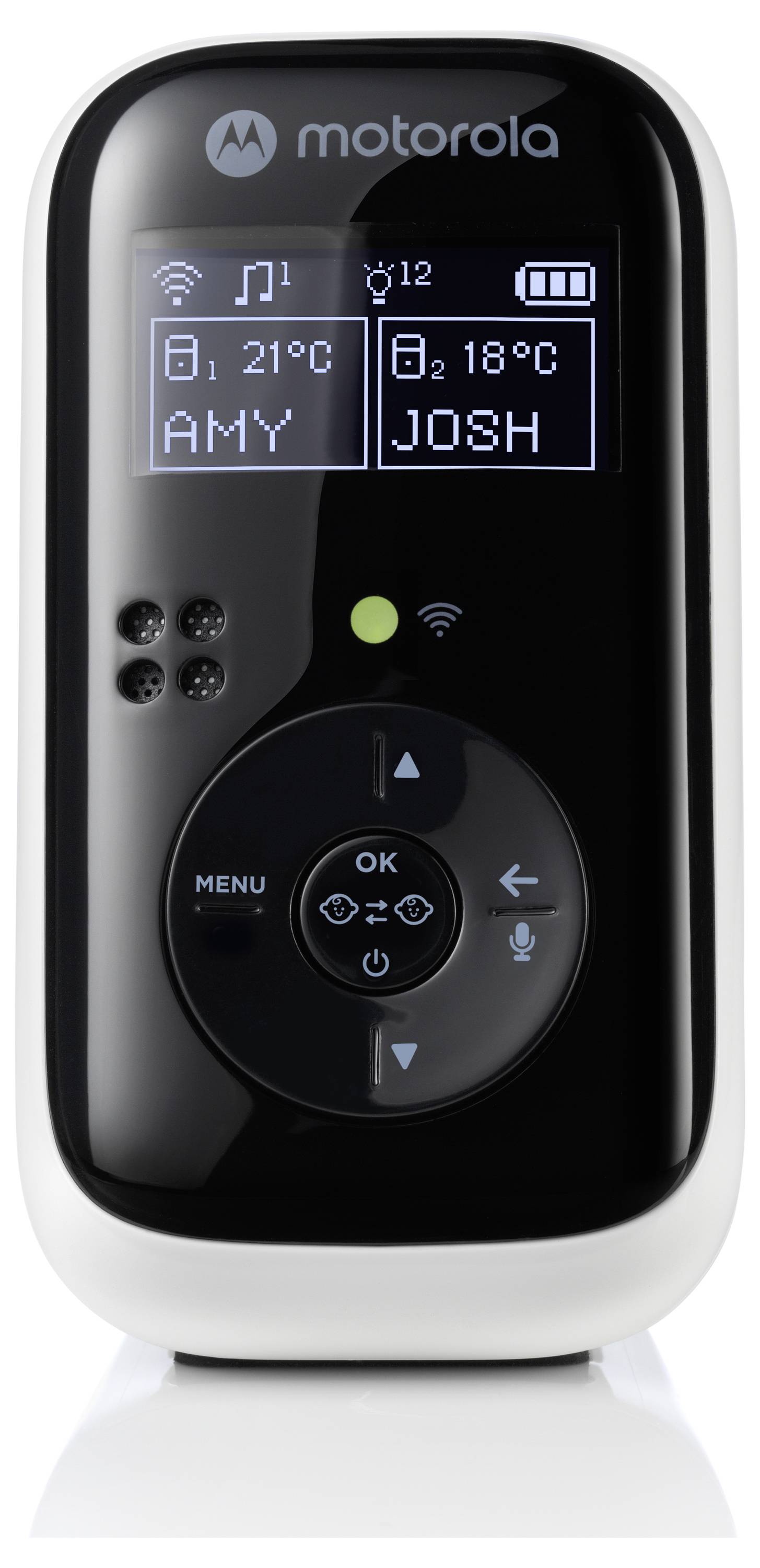 A baby monitor display shows 'AMY' with 21°C and 'JOSH' with 18°C. Icons indicate connection, battery level, and volume settings.