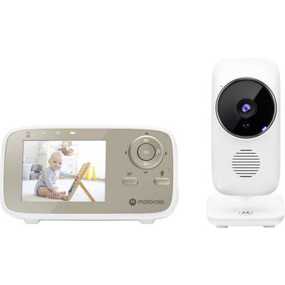 A baby monitor with a screen showing a seated baby playing with a toy. The camera is positioned next to the monitor.