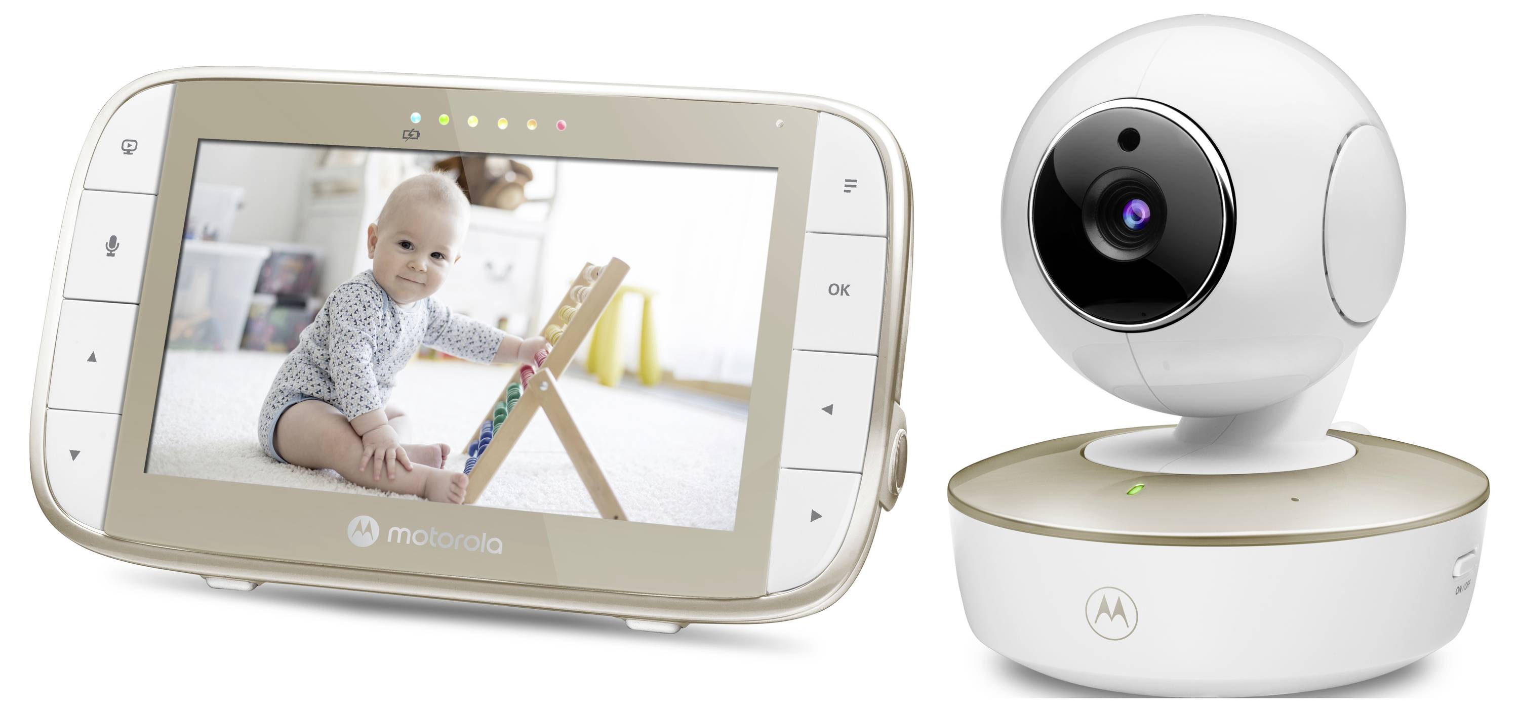 A baby monitor with a screen showing a baby playing. The camera is positioned next to the screen, showcasing its design and features.