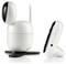A white, egg-shaped camera with a black base and antenna is shown alongside a smaller, tilted white device with a black button.