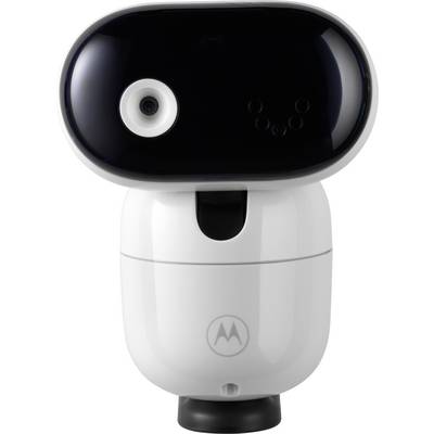 A white and black futuristic camera device with a lens and multiple sensors, standing upright.