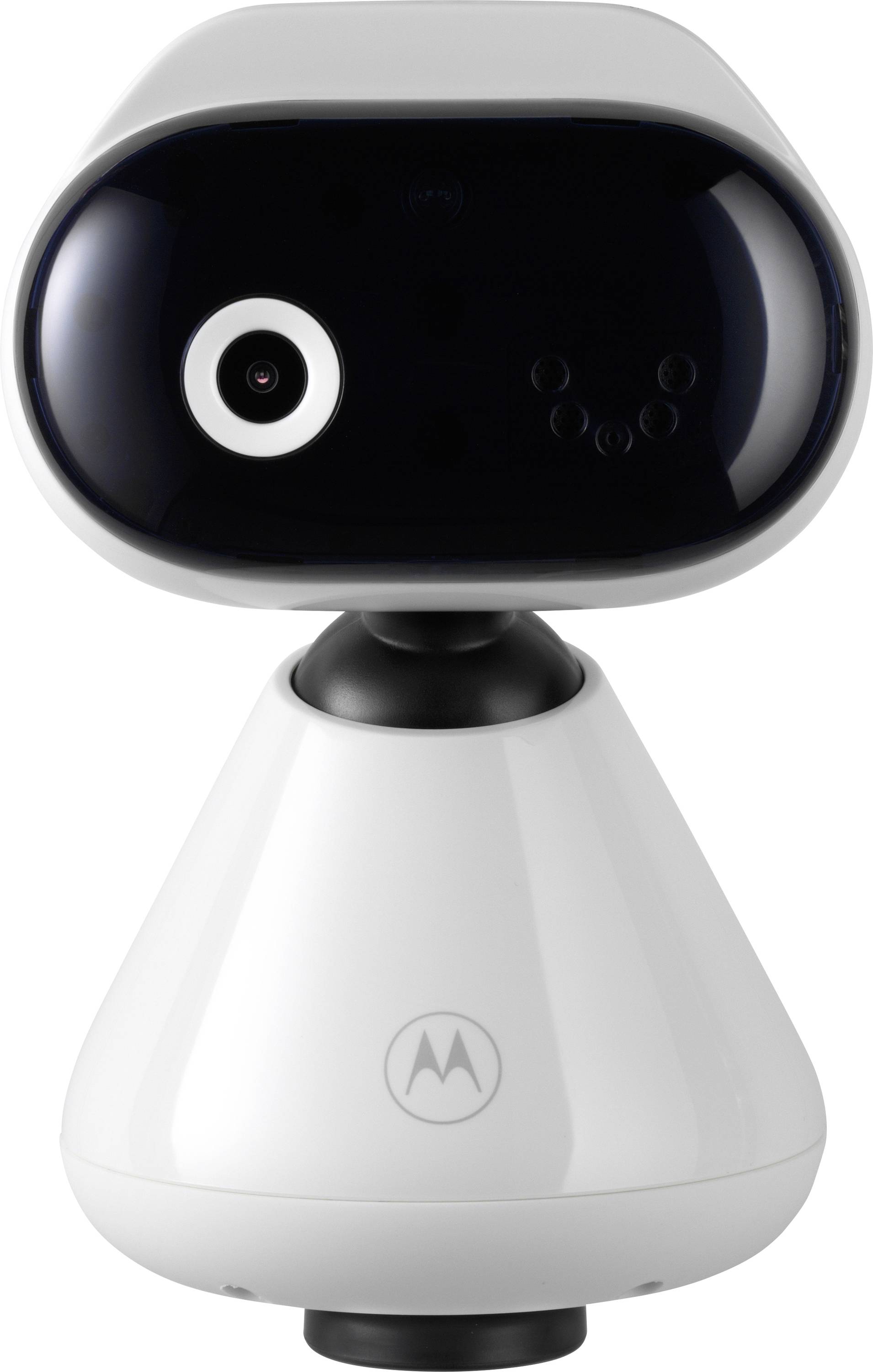 A small, white, robot-like device with a black camera lens on its head, featuring the Motorola logo on its body.