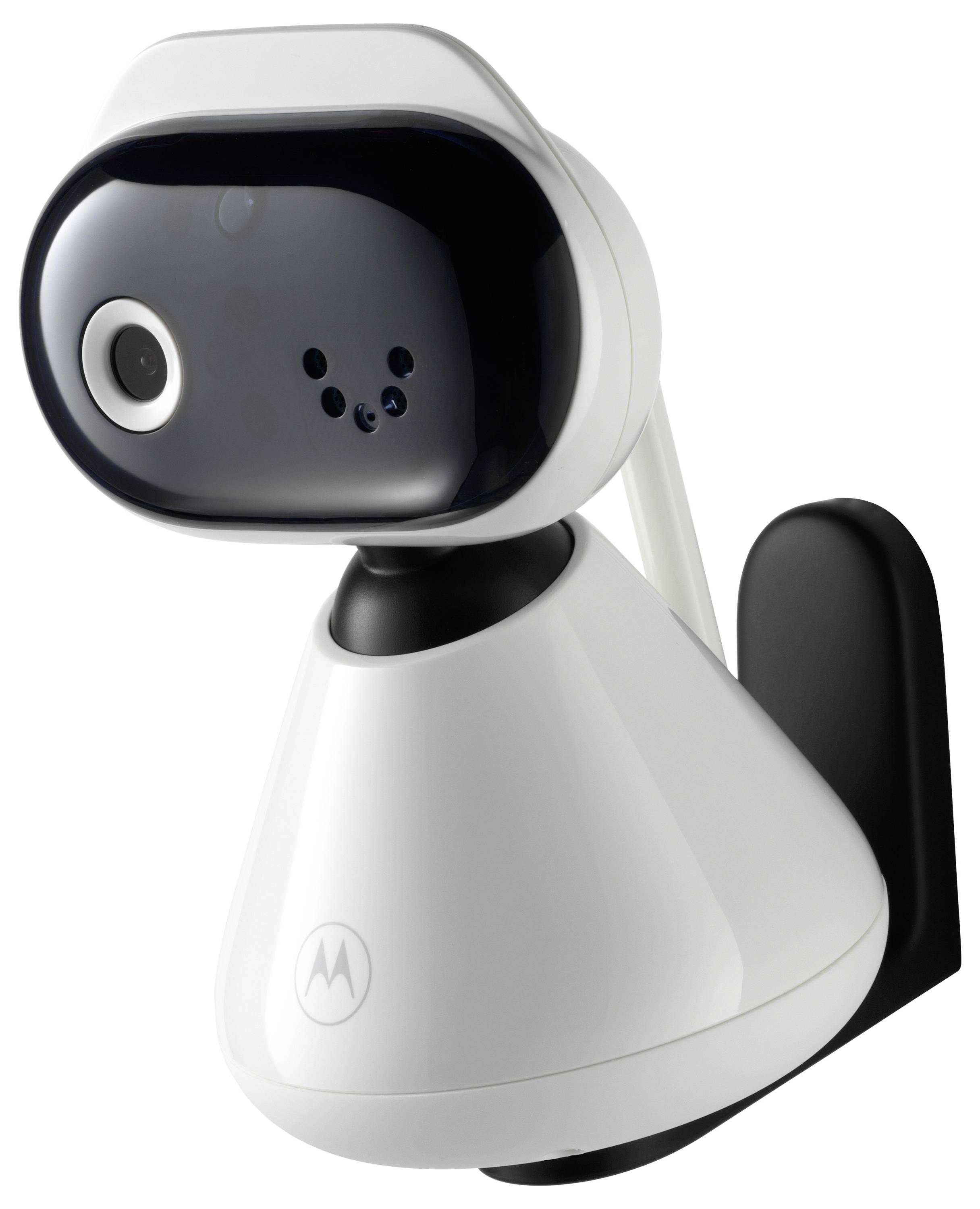 A white Motorola baby monitor camera mounted on a wall bracket, featuring a wide lens and multiple sensors for enhanced monitoring capabilities.
