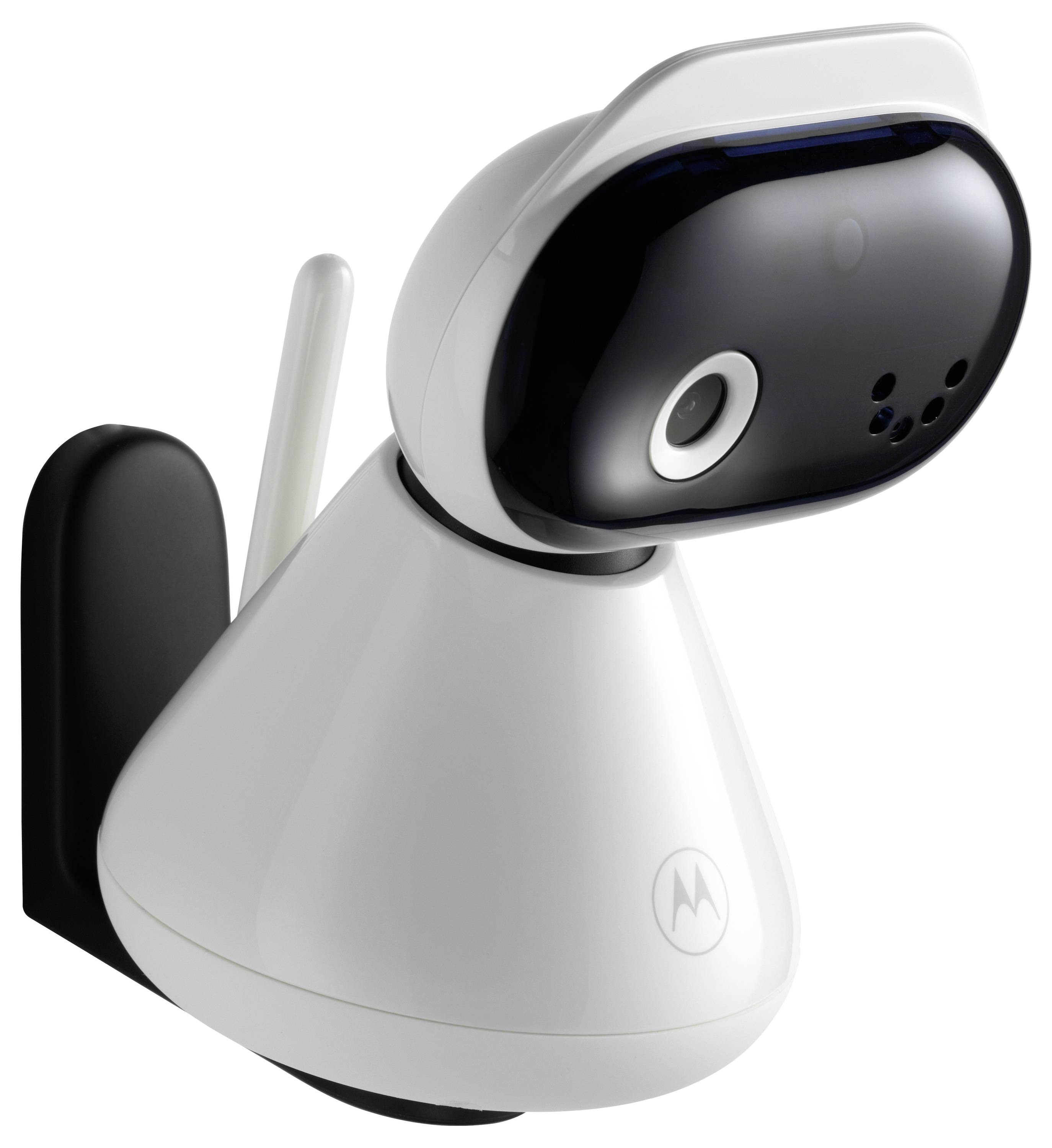 A white and black video baby monitor camera mounted on a wall, designed for monitoring children.