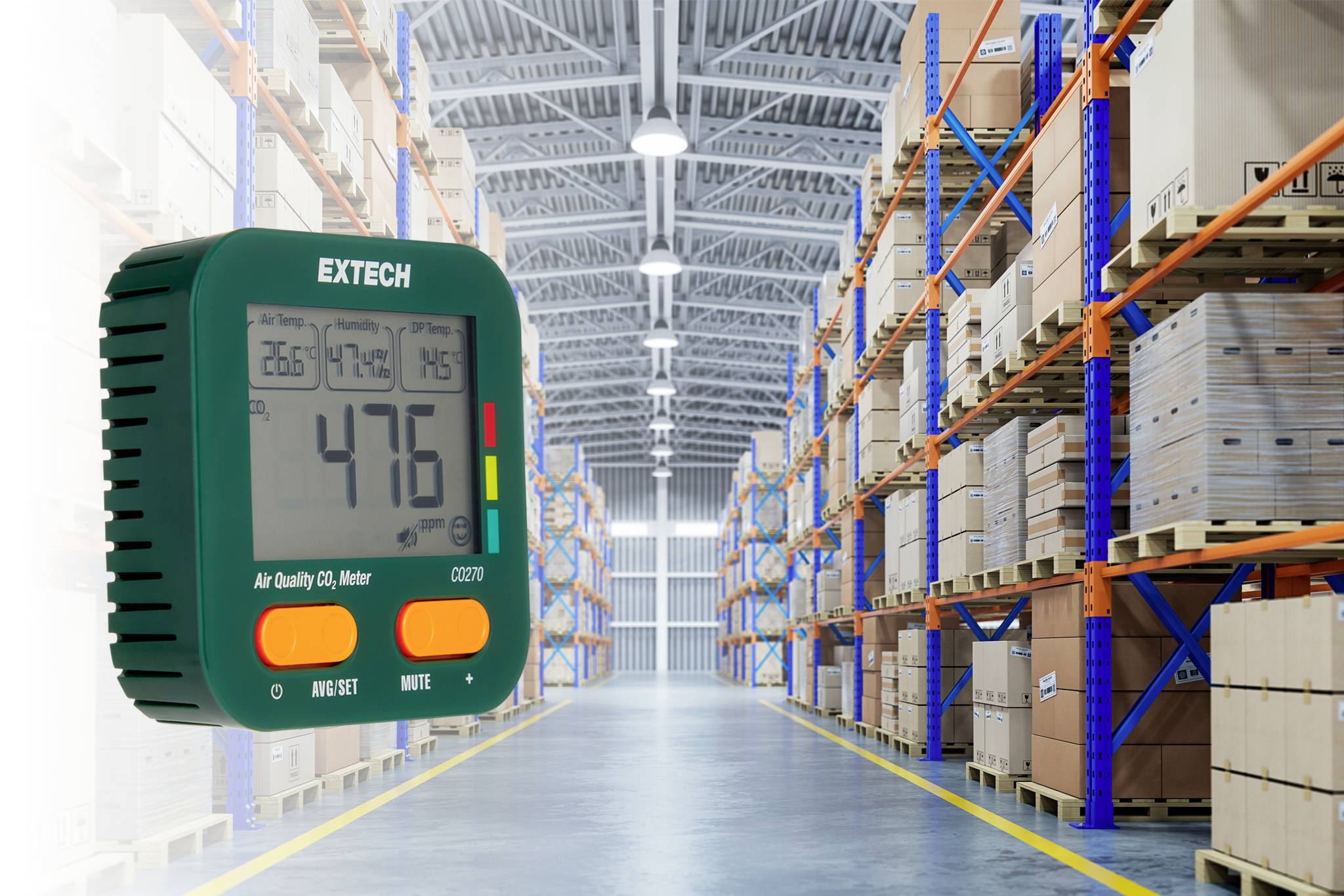 'Warehouse with tall shelves filled with boxes on the right; in the foreground, a digital air quality meter displays a reading of 476.'