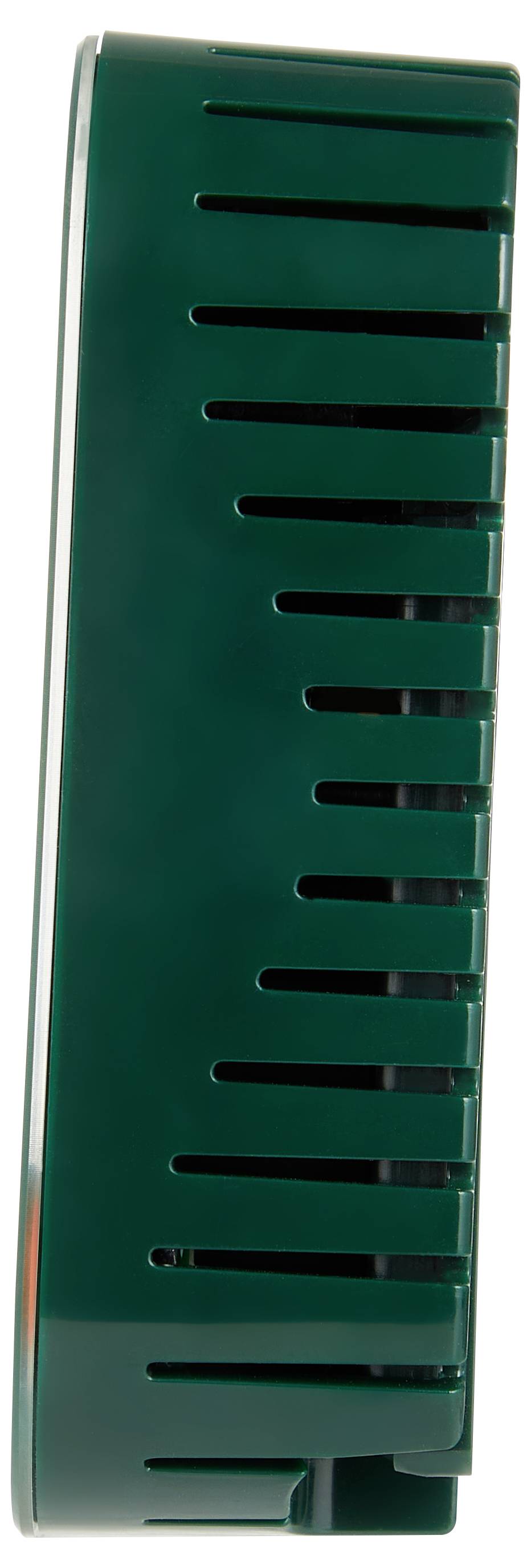 A green plastic standing object with multiple vertical slits.