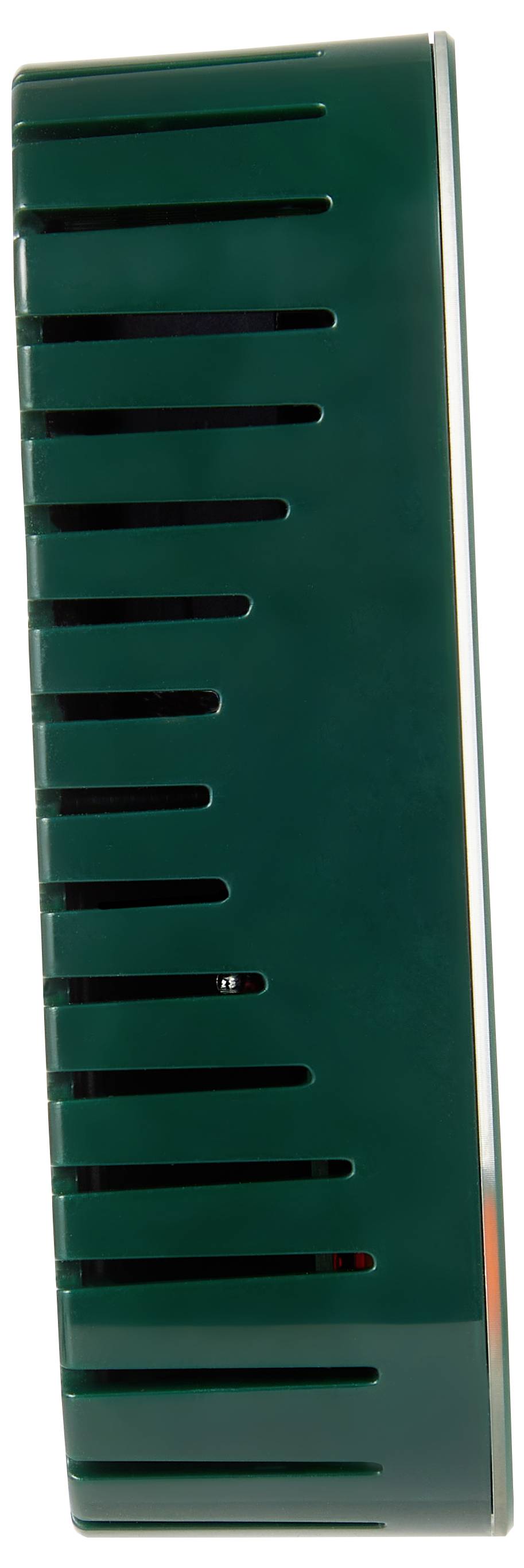 A green, rectangular device with vent-like slots on the side, possibly indicating an electronic appliance or air purifier component.