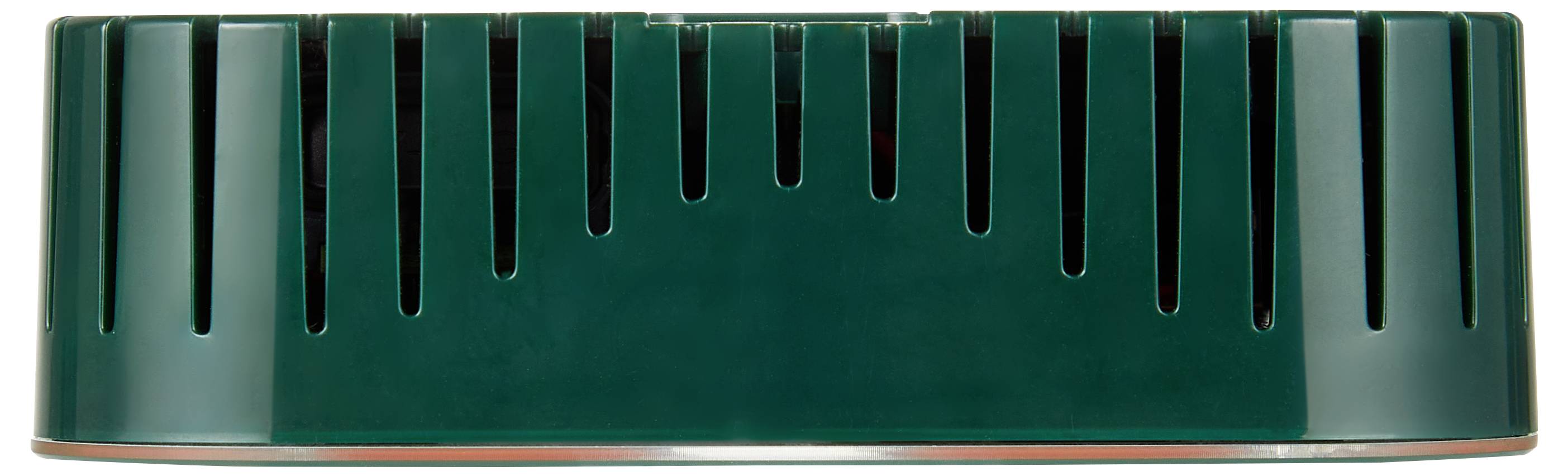 A close-up view of a dark green plastic bottle cap with vertical ridges and a flat, circular top.