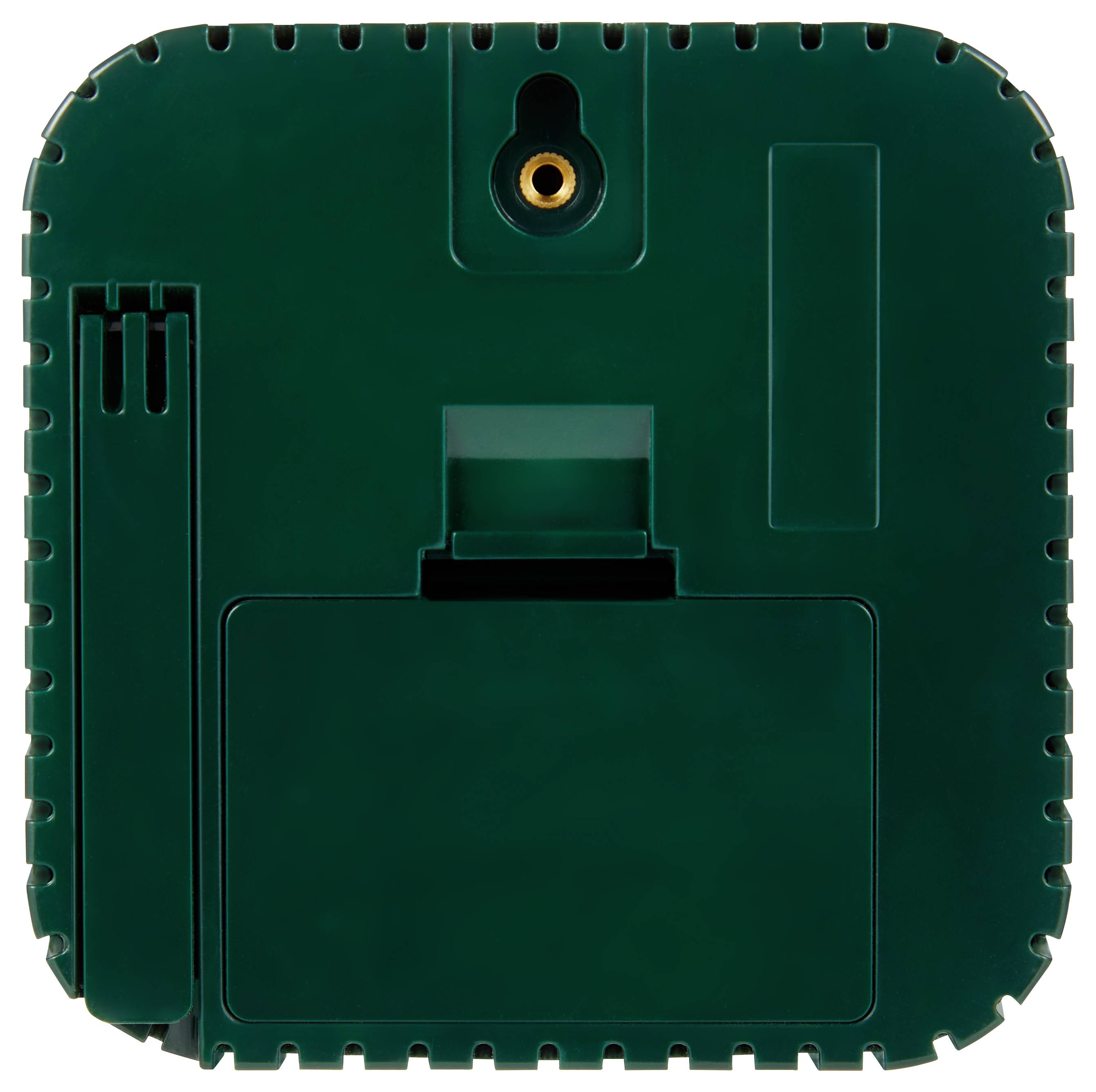 A green, square device with a circular sensor, mounted hole, and various compartments, possibly used for a specific electronic function.
