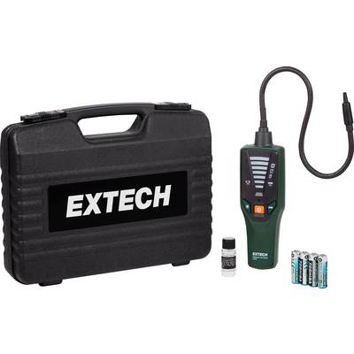 Portable gas detector with flexible probe, displayed with a black carrying case labeled 'Extech', a small manual, and four batteries.