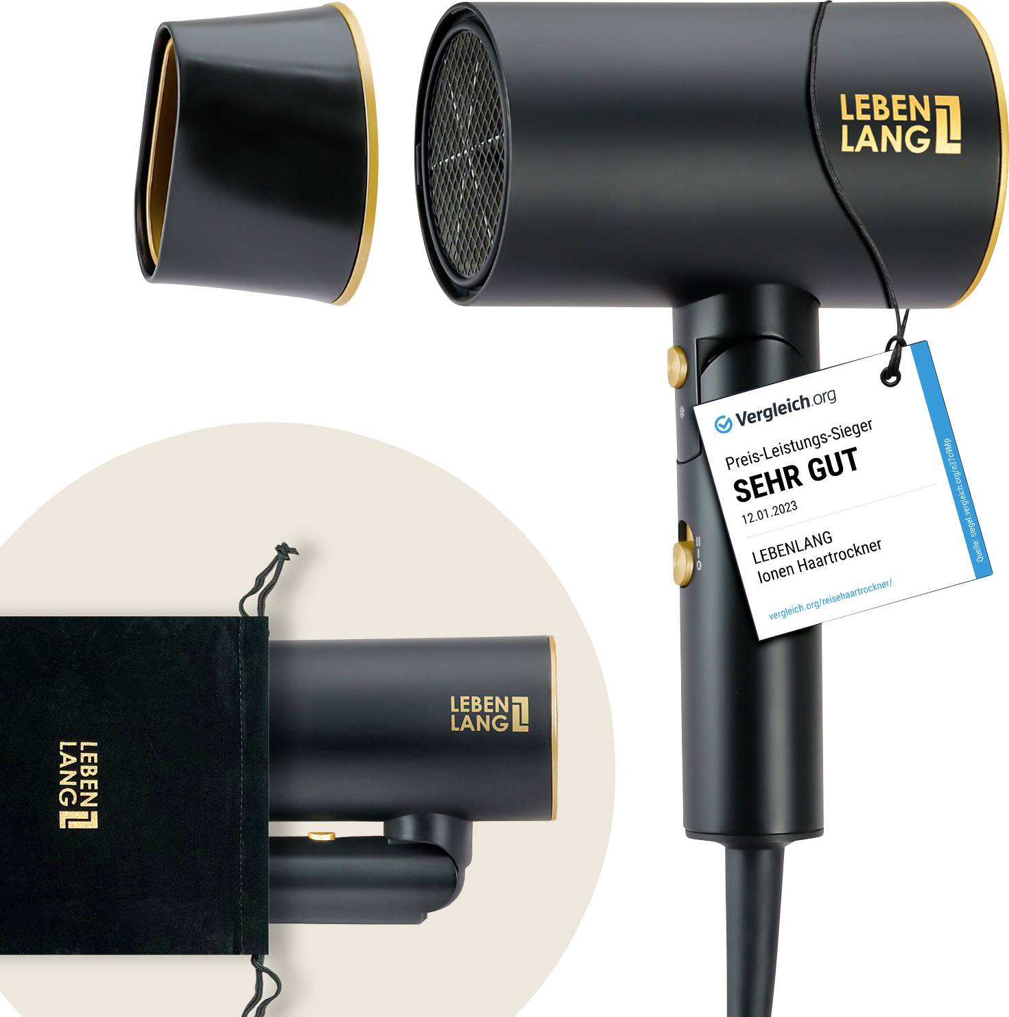 'LEBEN LANG' branded hairdryer with removable nozzle and 'SEHR GUT' rated award tag, partially in a black drawstring bag.