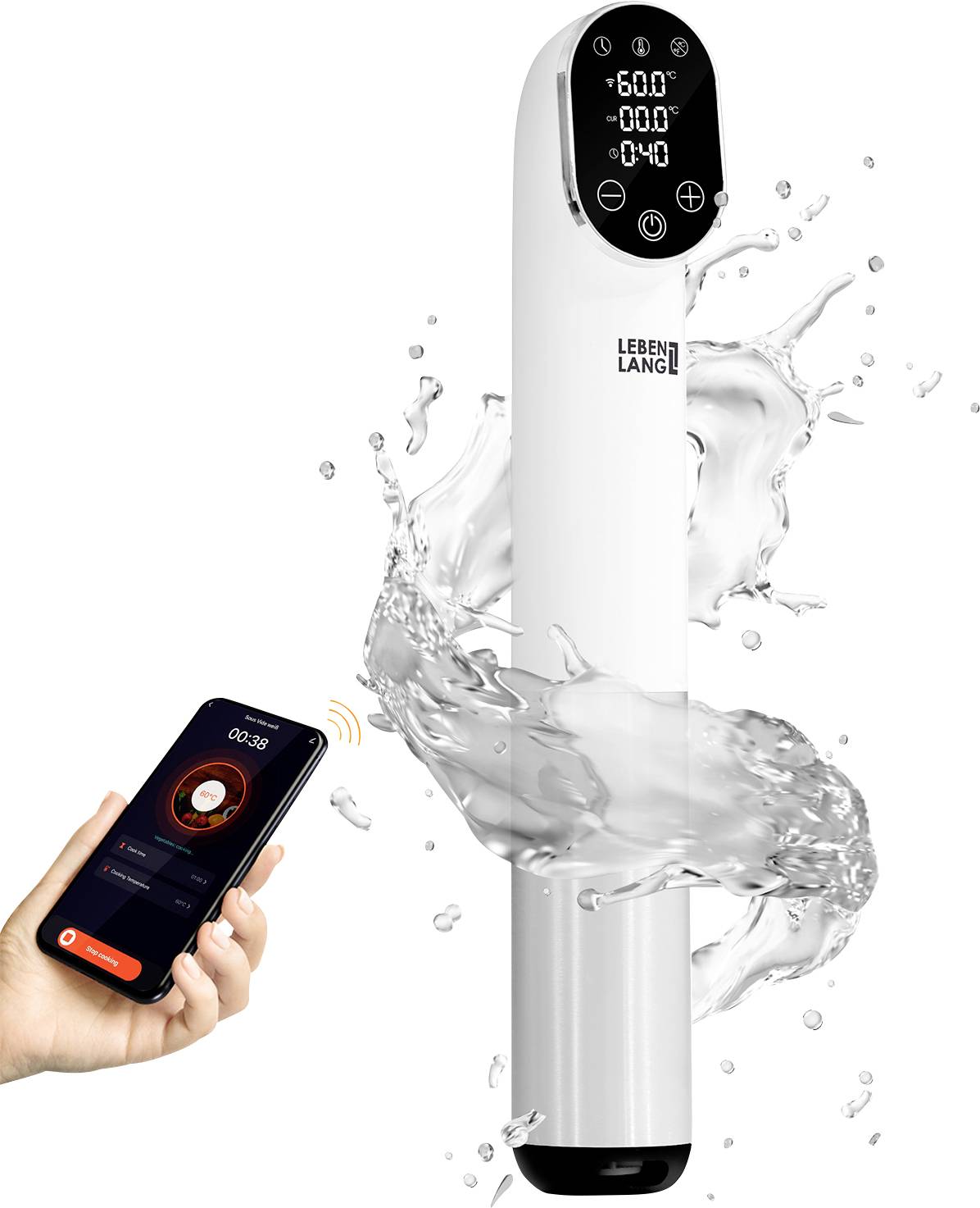 Smart sous vide cooker with digital display and smartphone control, water splash design.