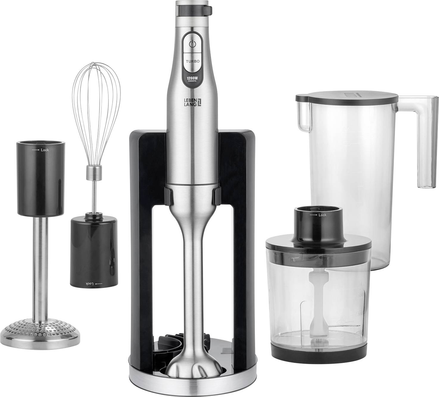 A silver and black hand blender set with various attachments: a whisk, a masher, a blending jar, and a chopping container, arranged neatly.