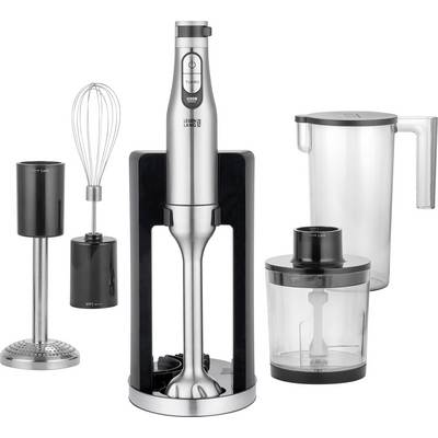 A silver and black hand blender set with various attachments: a whisk, a masher, a blending jar, and a chopping container, arranged neatly.