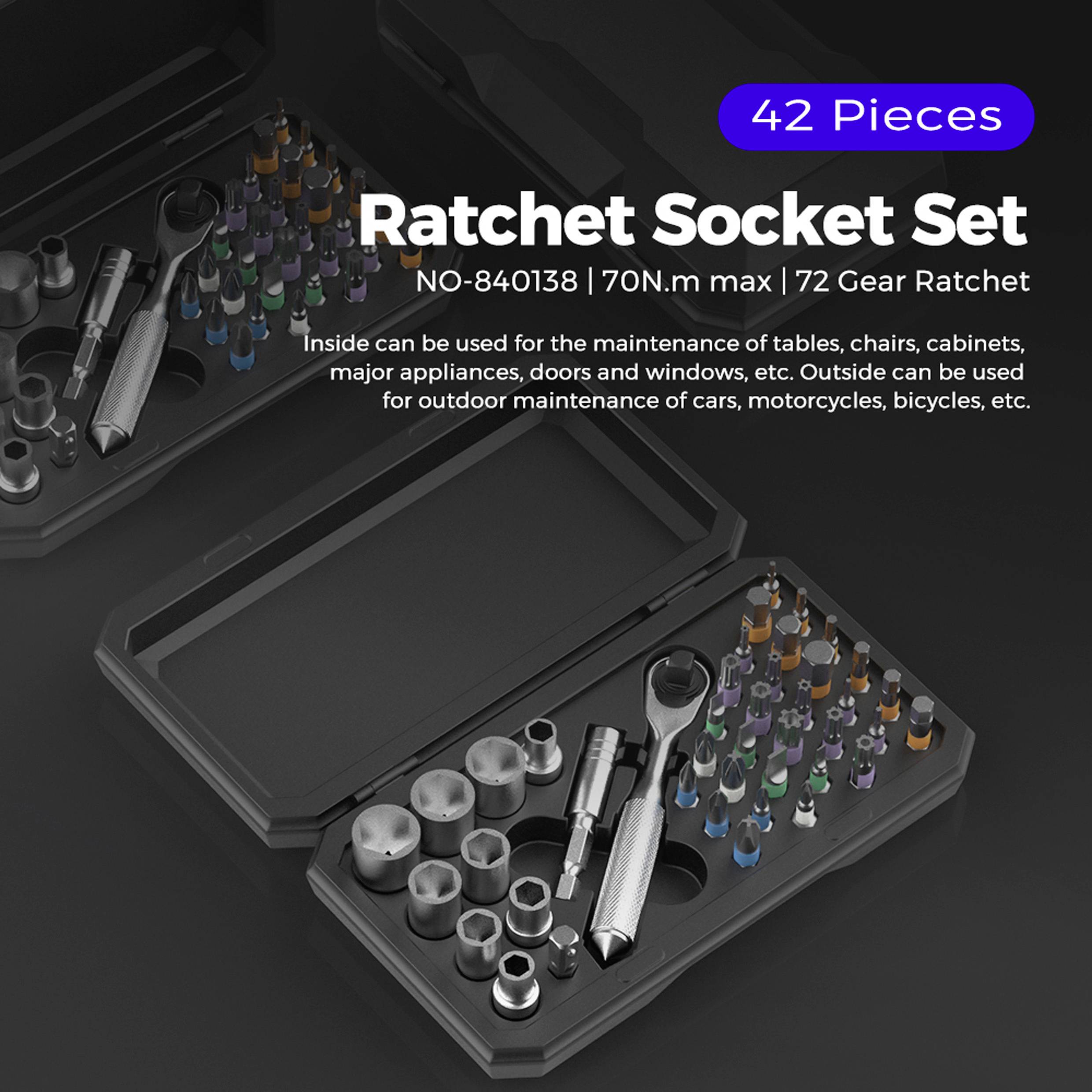'42 Pieces Ratchet Socket Set' shown with various sockets and a ratchet inside an open case. Suitable for maintenance tasks.