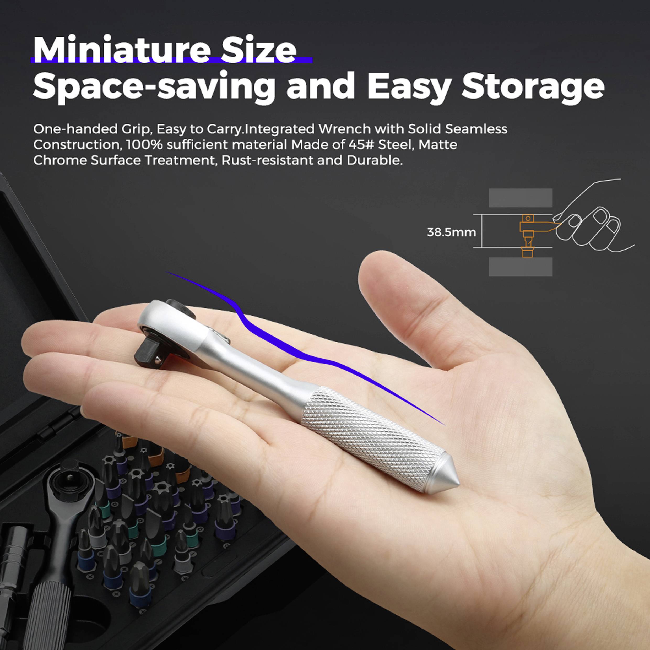 'A small, silver adjustable wrench resting in a hand, highlighting its miniature size and easy storage. Text mentions durability and rust resistance.'
