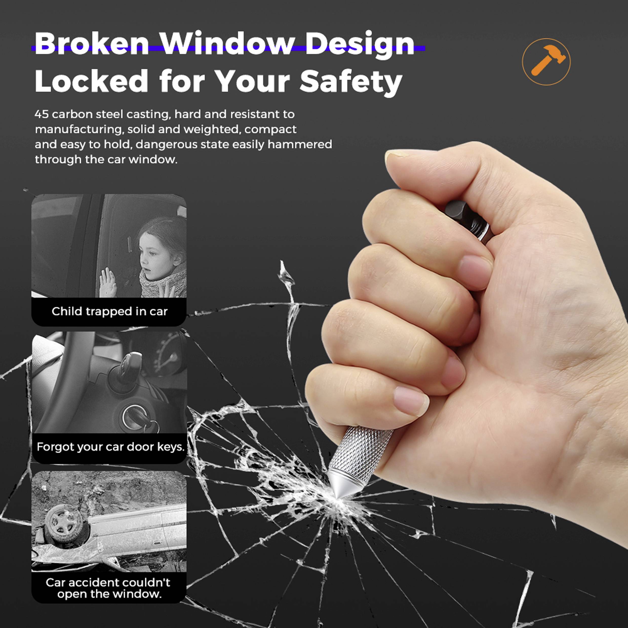 A hand uses a car safety hammer to break a window; emphasizes the hammer's role in ensuring safety by accessing the inside of a locked vehicle.