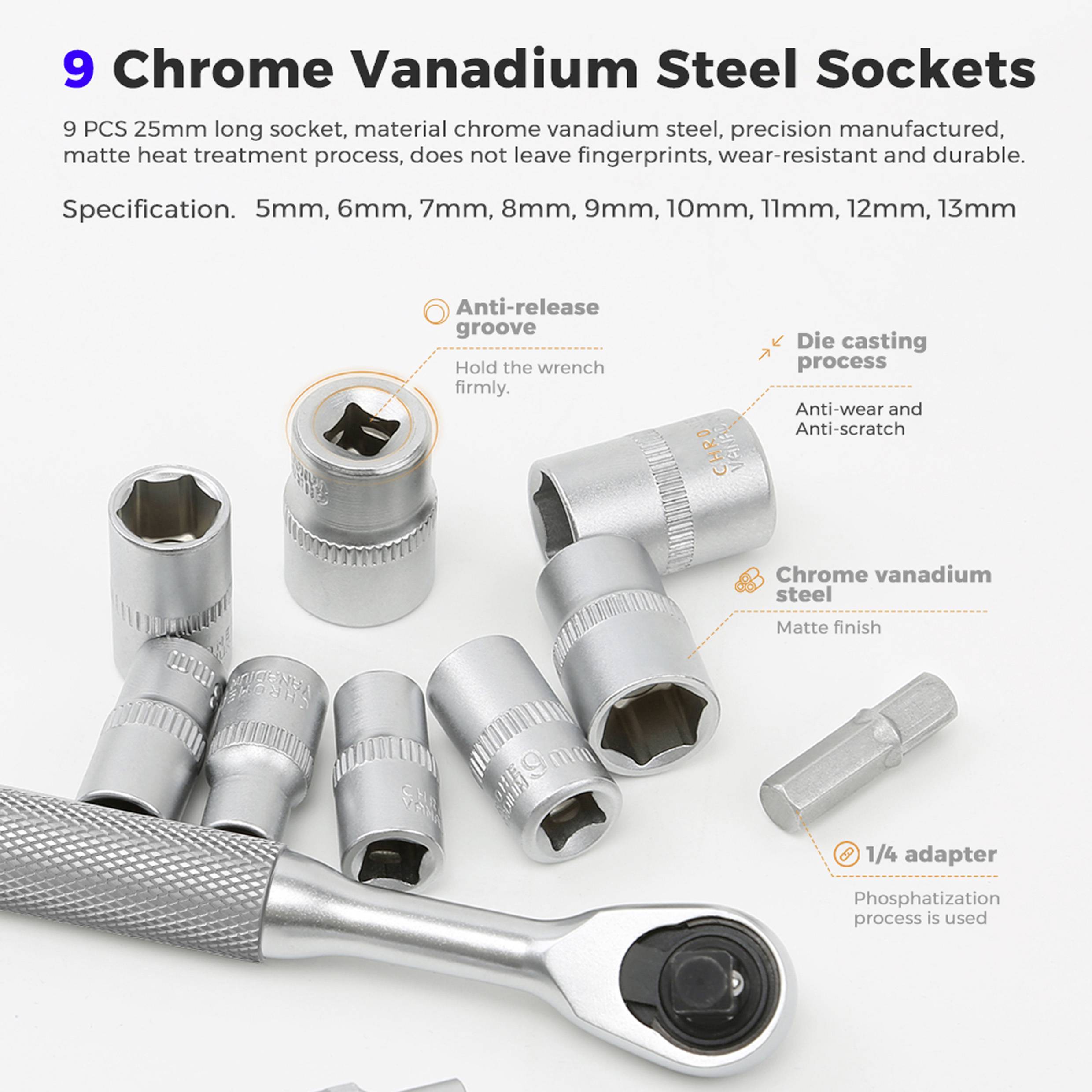 '9 Chrome Vanadium Steel Sockets' set in various sizes with anti-release groove, die-casting process, and chrome finish for durability.