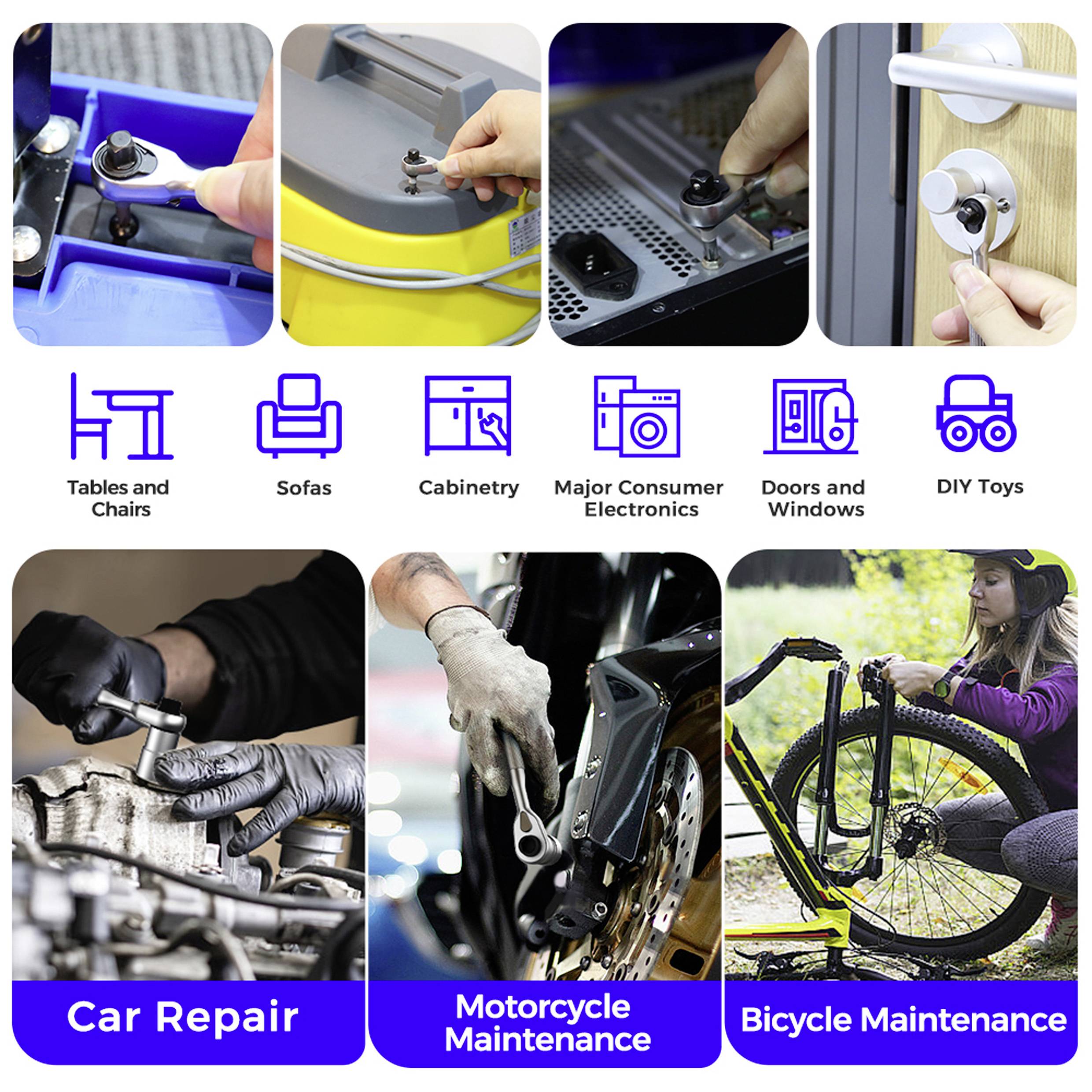 Image showing hand tool use across various tasks: assembling furniture, fixing electronics, and maintaining vehicles like cars, motorcycles, and bicycles.