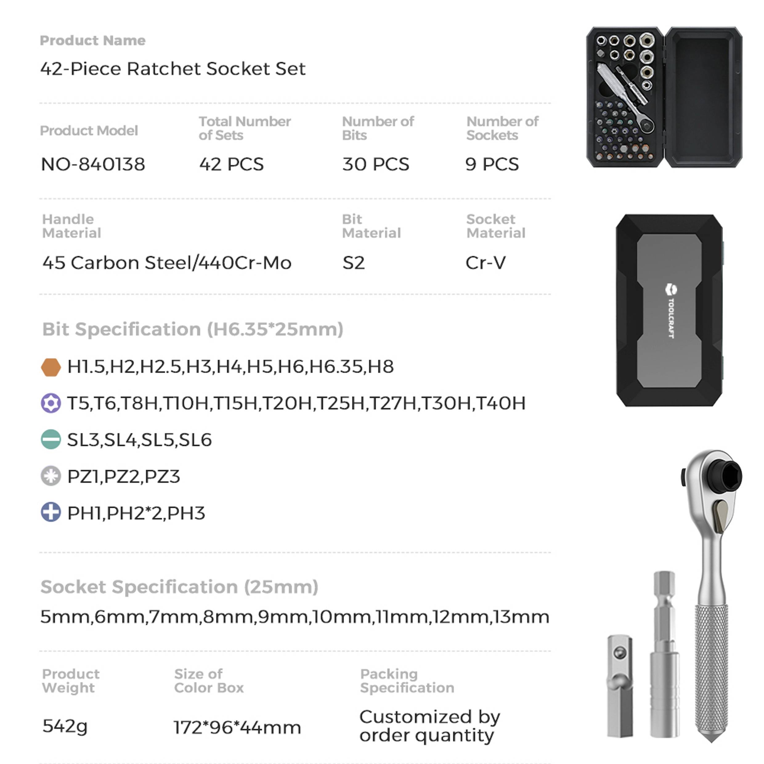 '42-Piece Ratchet Socket Set' image showing tools and specifications, including bit types, sizes, and materials, with packaging info.