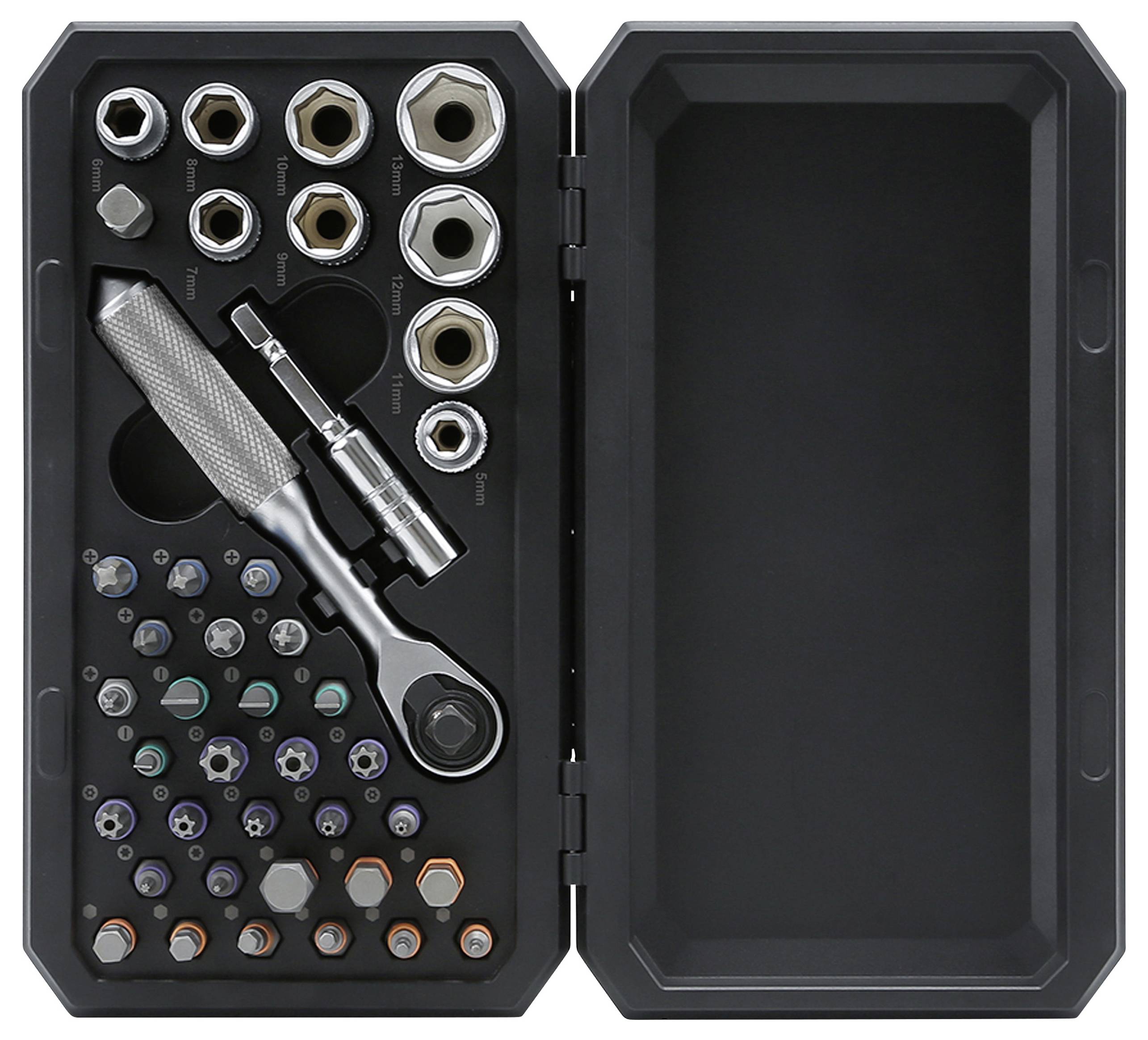 'A mechanics tool set with various sockets, a ratchet handle, and bits neatly organized in a black case.'