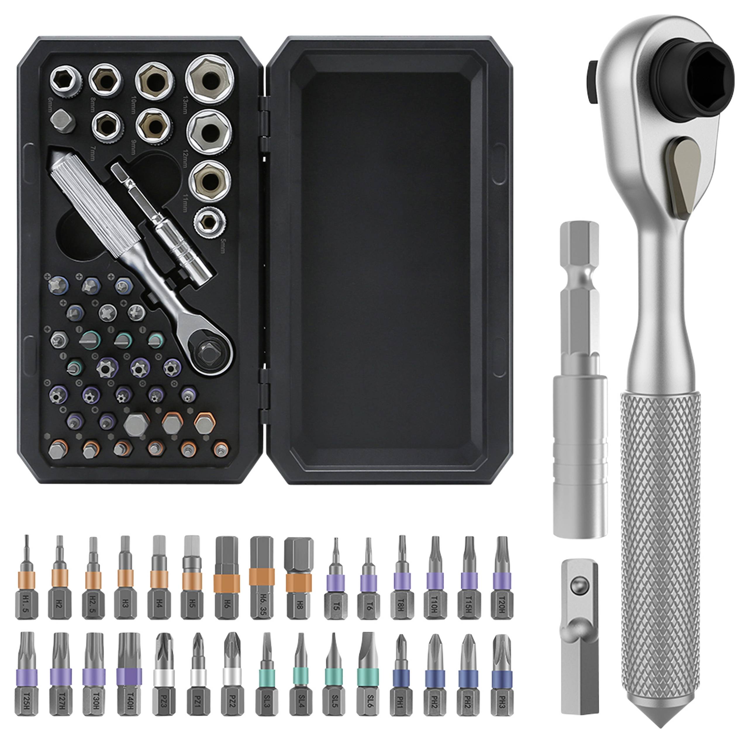 A ratchet tool set with various sockets and bits in a box. A separate ratchet wrench is beside the box, showing its knurled handle.
