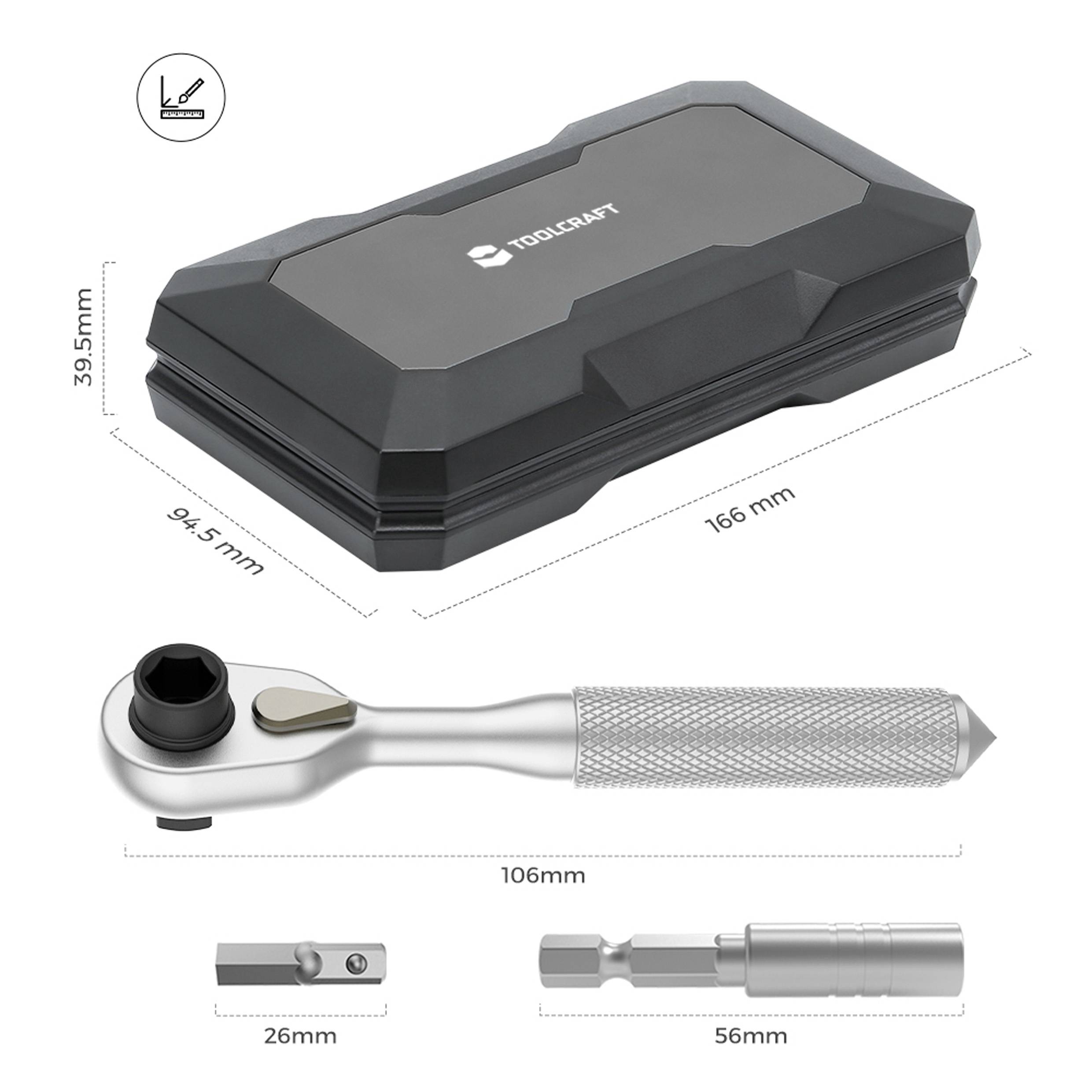 'TOOLCRAFT' ratchet tool set with case. Case dimensions: 166mm x 94.5mm x 39.5mm. Ratchet: 106mm long. Bit sizes: 26mm, 56mm.