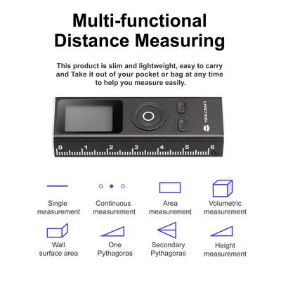 'Multi-functional Distance Measuring' device with digital display and buttons. Features include single and continuous measurement, area, volumetric, Pythagoras methods, and height measurement.