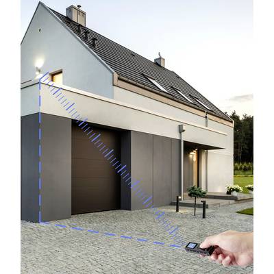 A modern house with a garage. A hand holds a measuring device emitting a blue laser grid towards the house, illustrating distance measurement.