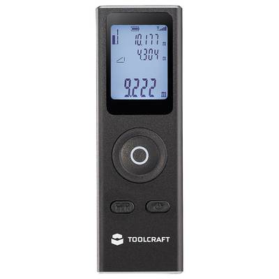 A digital measuring device displaying measurements '10.177 m', '4.304 m', and '9.222 m'. It has a circular button and is branded with 'TOOLCRAFT'.