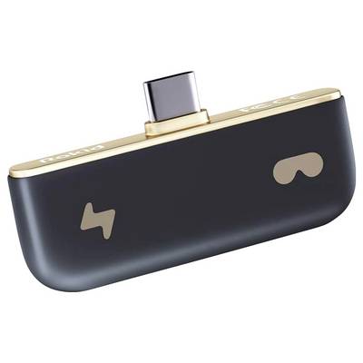 A compact, black and gold electronic device with a USB-C connector, featuring a lightning symbol and an eye-shaped icon on the front.