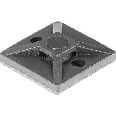A square metal mounting bracket with a raised circular center and two holes for screws, used for securing objects to a flat surface.