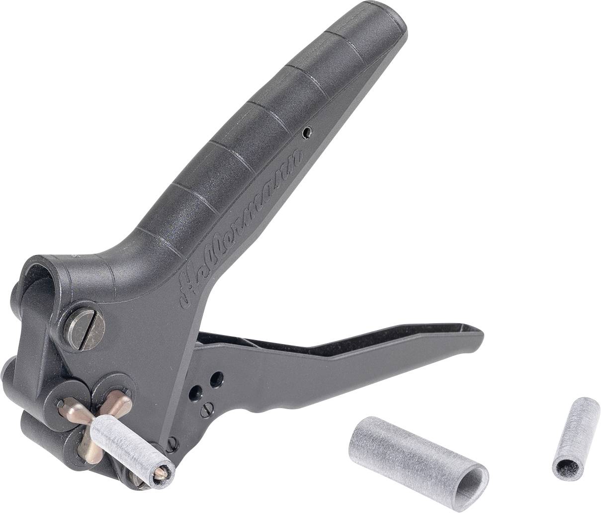 A black hand tool with a lever grip, used for crimping gray metal sleeves, shown with two sleeves nearby on a white background.