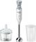 A Bosch ErgoMixx hand blender set with a blending shaft, chopper attachment, and a measuring cup, suitable for various kitchen tasks.