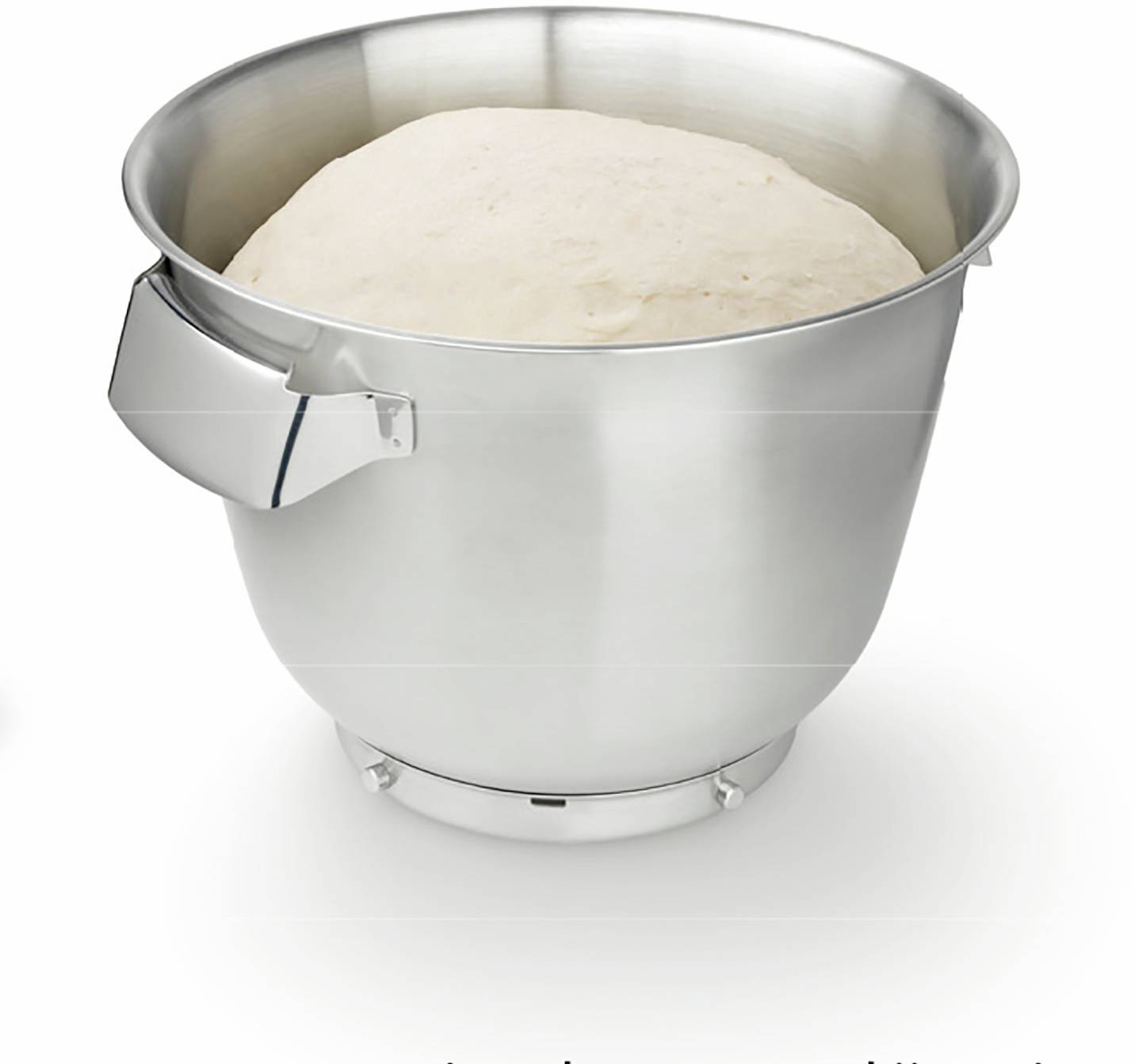 A stainless steel mixing bowl filled with risen dough, likely ready for baking.