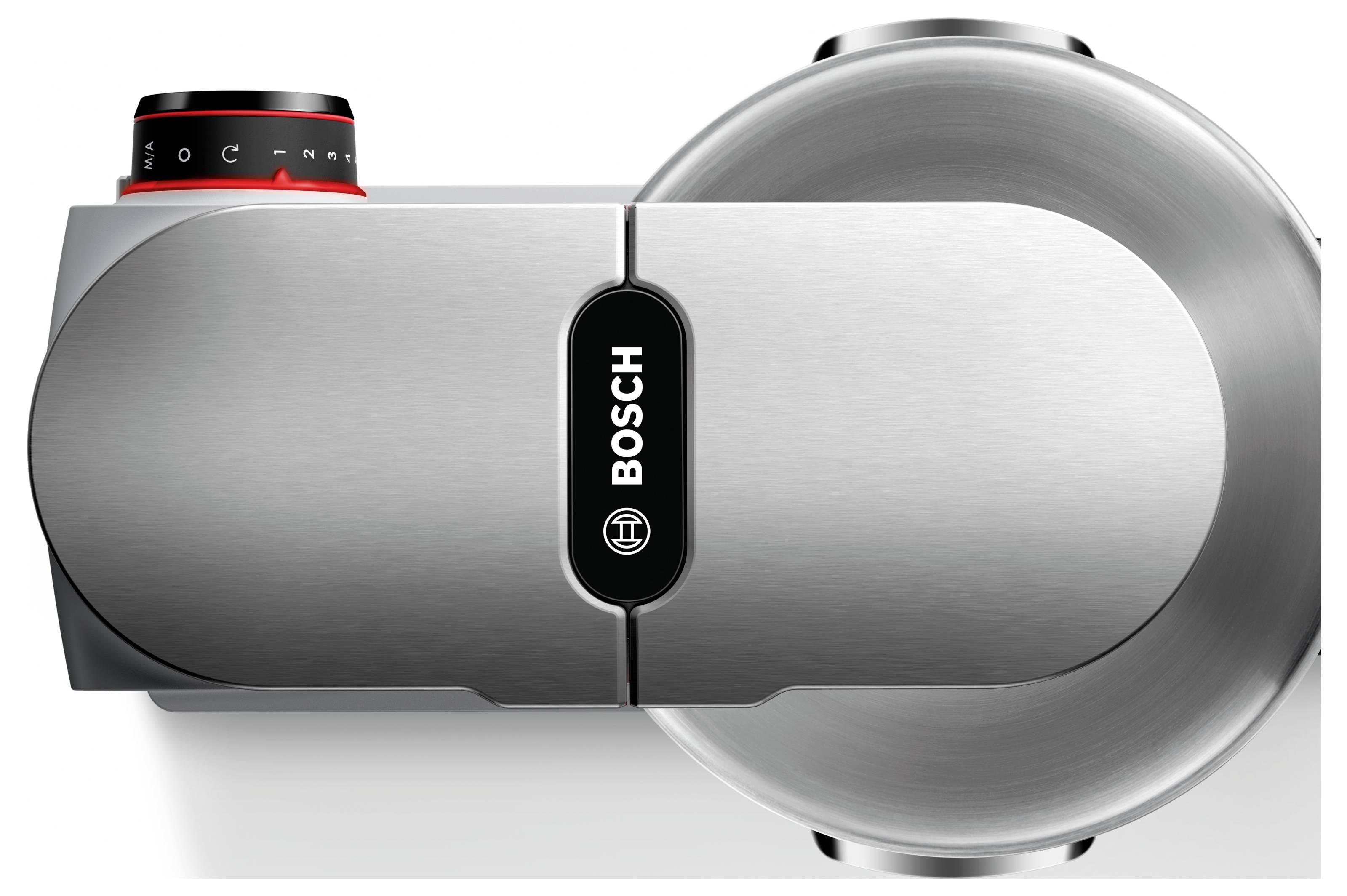 A top view of a Bosch kitchen mixer with a sleek metal finish, featuring a control knob on the upper left corner.