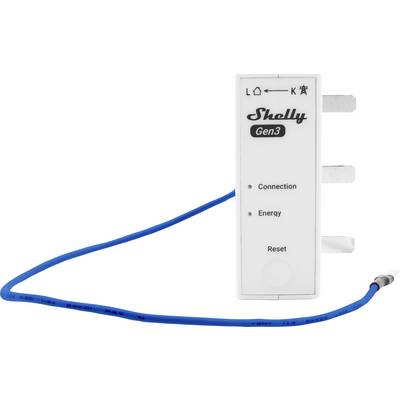 A Shelly Gen3 smart device with ports labeled 'L', 'K', and an antenna wire. Indicators show 'Connection', 'Energy', and 'Reset'.