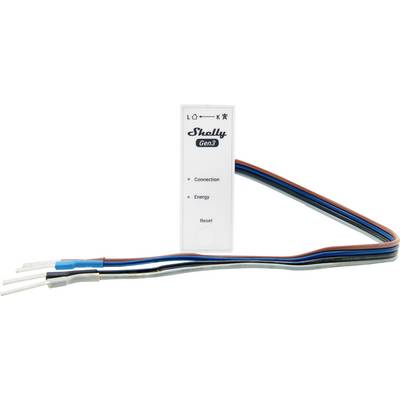 A smart home device labeled 'Shelly Gen3' with wires for connection, energy, and reset functions, designed for power management.