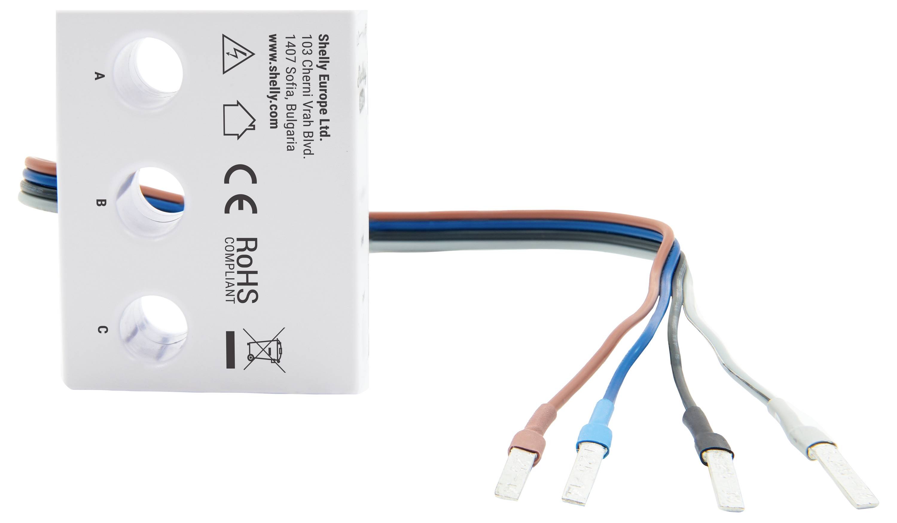 A white rectangular connector with three labeled holes (A, B, C) and four multi-colored wires attached, showing compliance marks and manufacturer's details.
