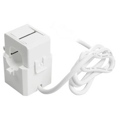 A white current transformer with a closed rectangular shape and connected coil.
