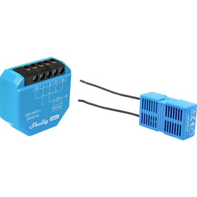 A blue Shelly Gen2 electronic device with wiring terminals, labeled connections, and a separate blue sensor with wire leads for installation.