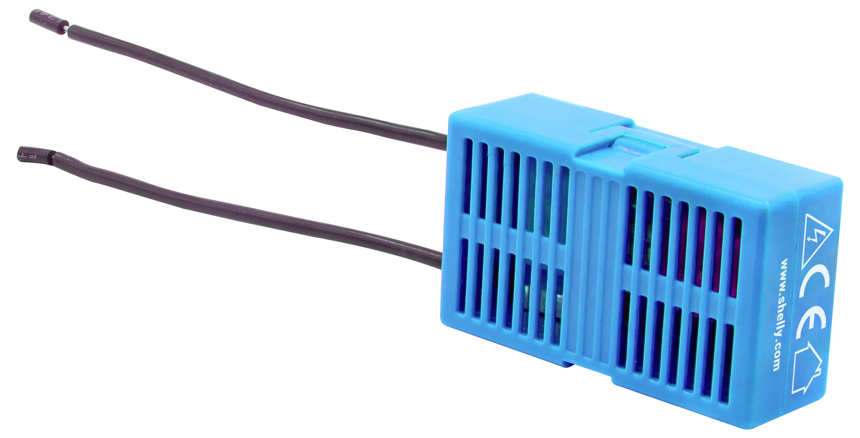 A blue electronic device with two black wires, possibly a sensor or component, featuring a grated cover for ventilation.