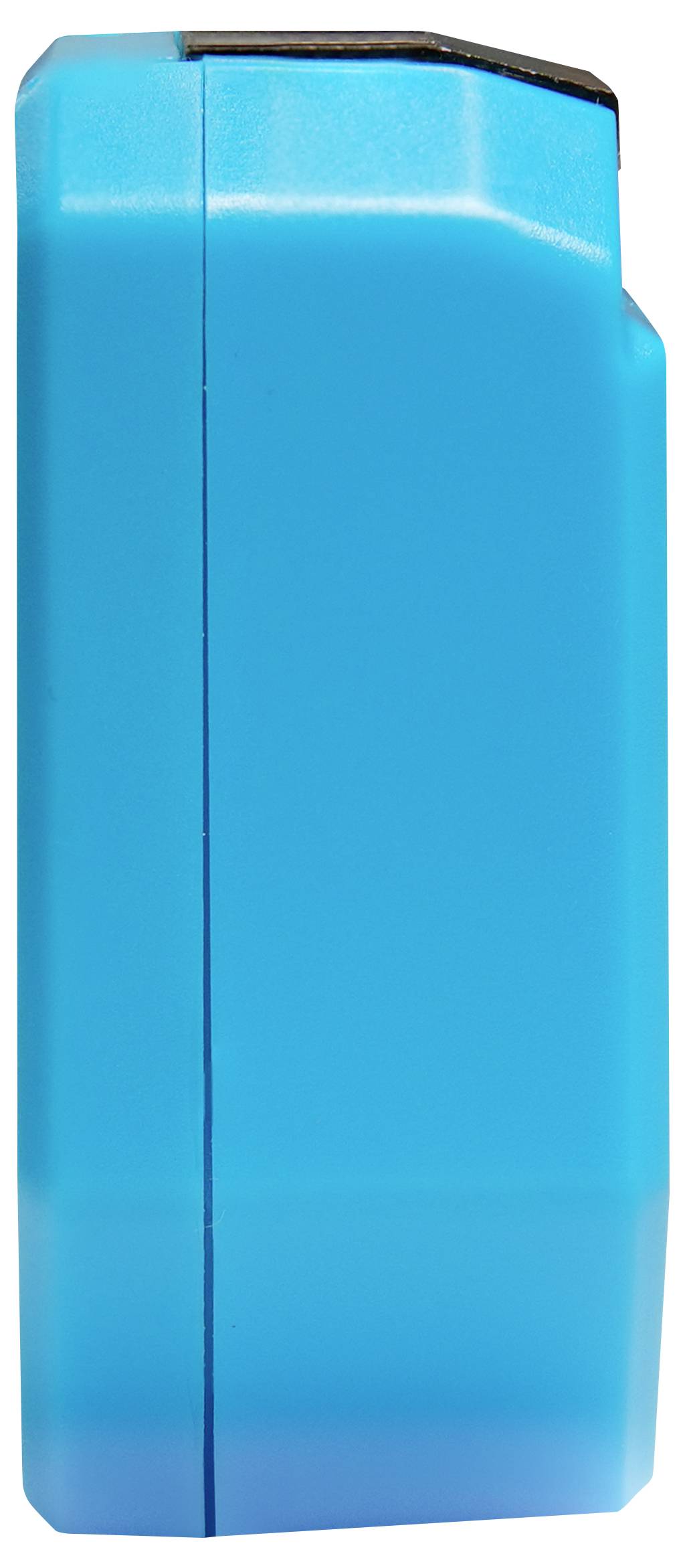 A standing rectangular blue object with a smooth surface and slightly angled top edge, possibly a plastic container or case.