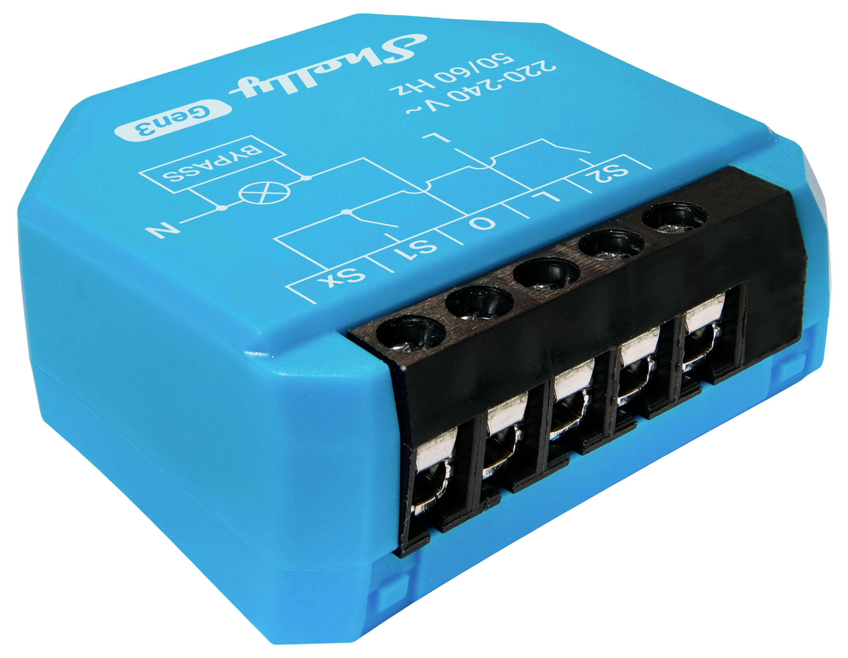 Blue smart relay device with multiple ports labeled S1, S2, O, N, L. Diagram and 'Shelly' branding on top surface.
