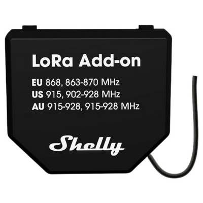 Black device labeled 'LoRa Add-on,' with frequency ranges for EU, US, and AU. Includes small protruding wire, brand name 'Shelly' below.