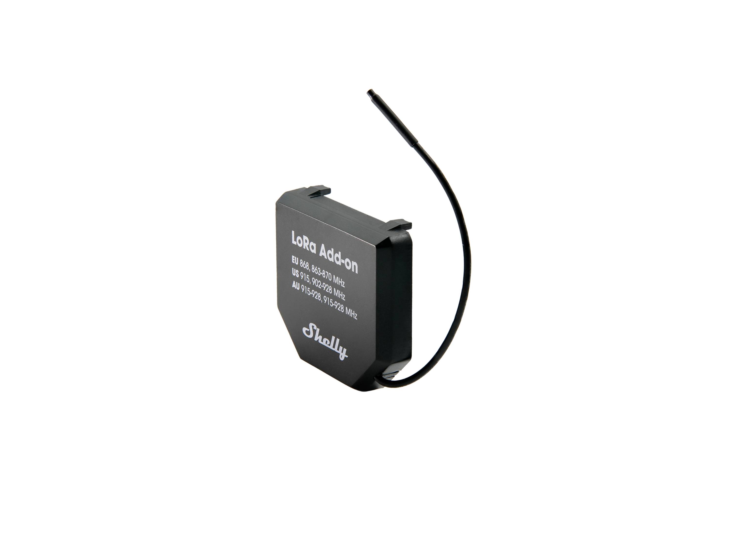 LoRa Add-on device with a wire antenna, model ID printed on its surface, used for extending communication range.