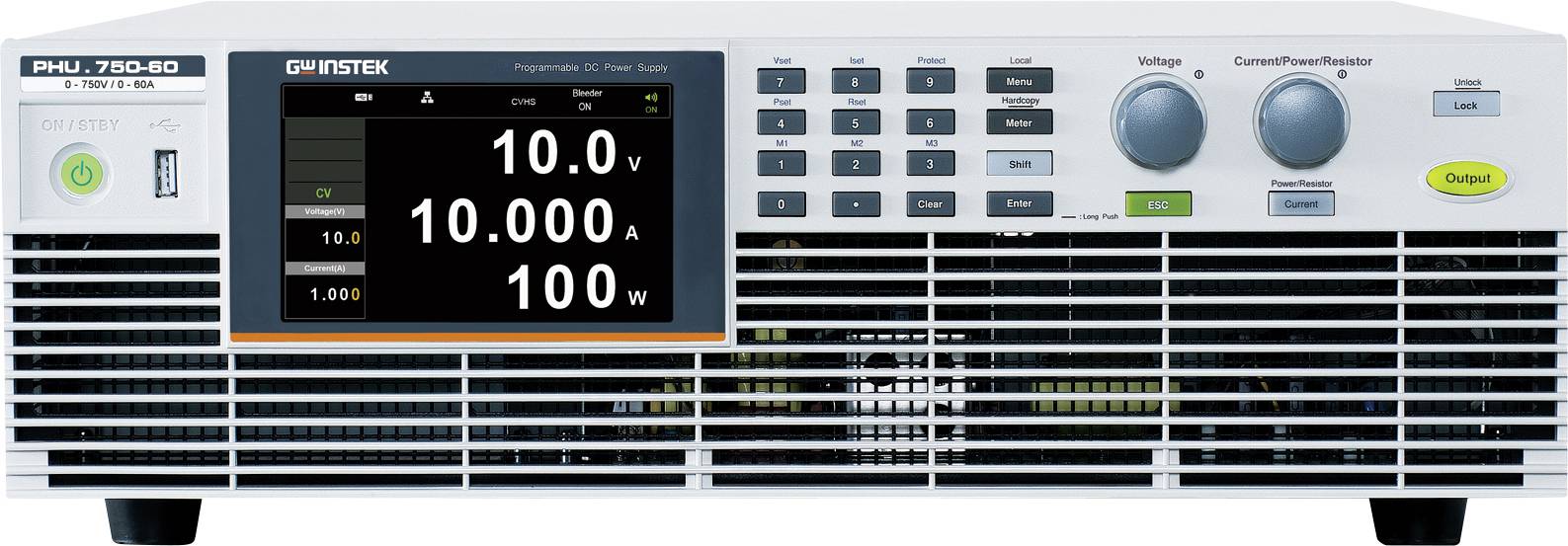 'GWINSTEK PHU-760-60 programmable DC power supply displaying voltage 10.0V, current 10.000A, and power 100W on the screen.'