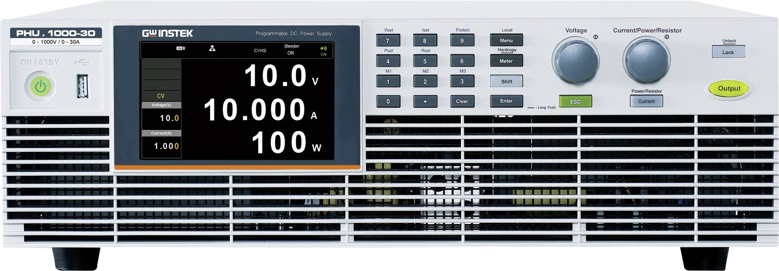 A laboratory power supply device displaying '10.0V', '10.000A', and '100W' on the digital screen, with buttons and control knobs on the right.